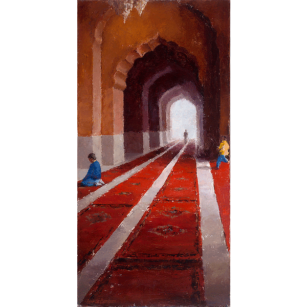 A figurative painting of people inside the Jama Masjid mosque in Old Delhi, India, showing red carpets receding into the background underneath curved archways.