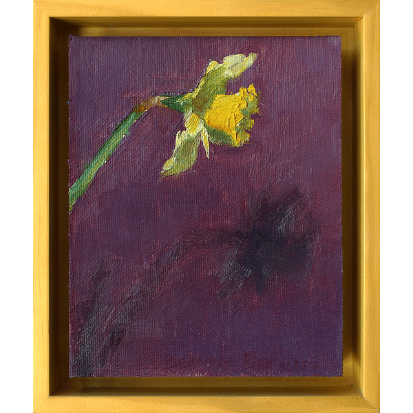 Oil painting of a bright yellow daffodil casting a shadow on a dark purple background.