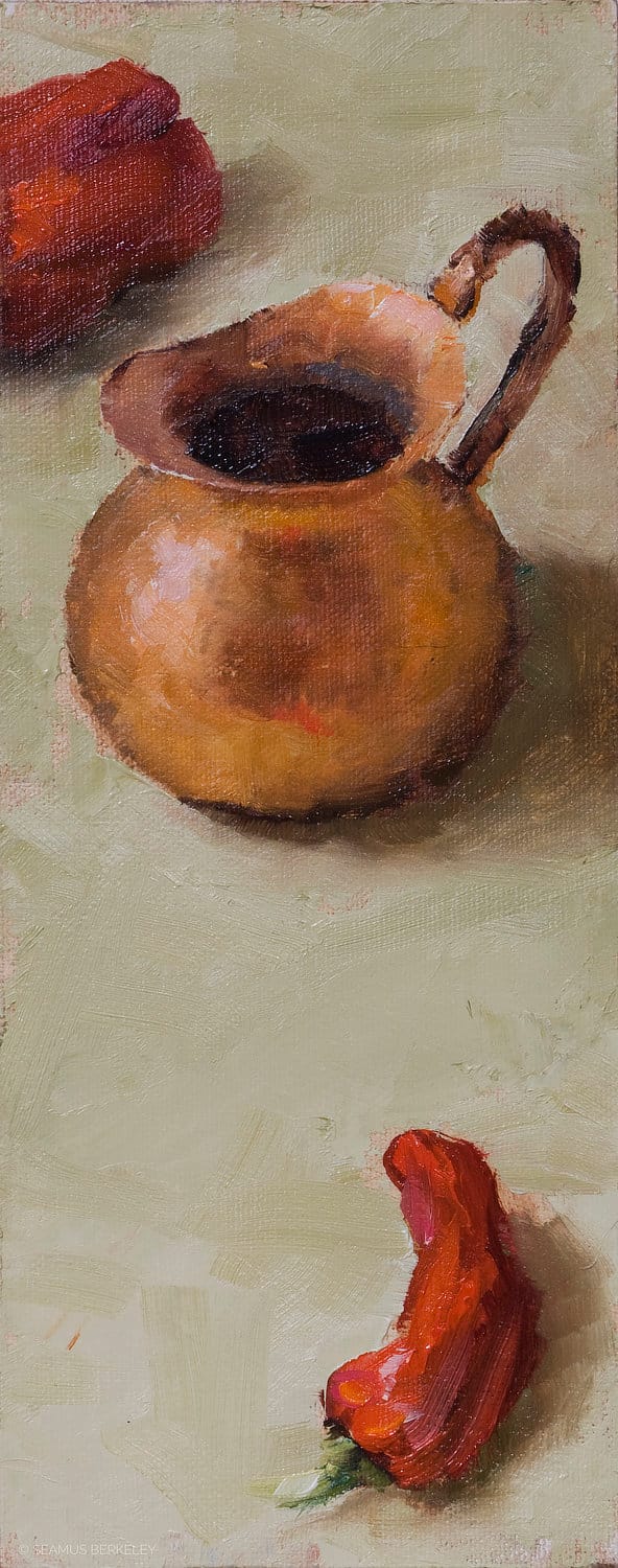 Oil painting of two red peppers and a copper pot with a handle on a neutral green background.