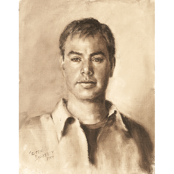 Monochromatic oil portrait painting of Jason Kelly by Seamus Berkeley