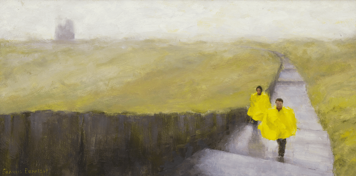 Oil painting of two figures in bright yellow rain coats walking in the rain and mist at the Cliffs of Moher in Ireland with the soft silhouette of a castle ruin in the background.